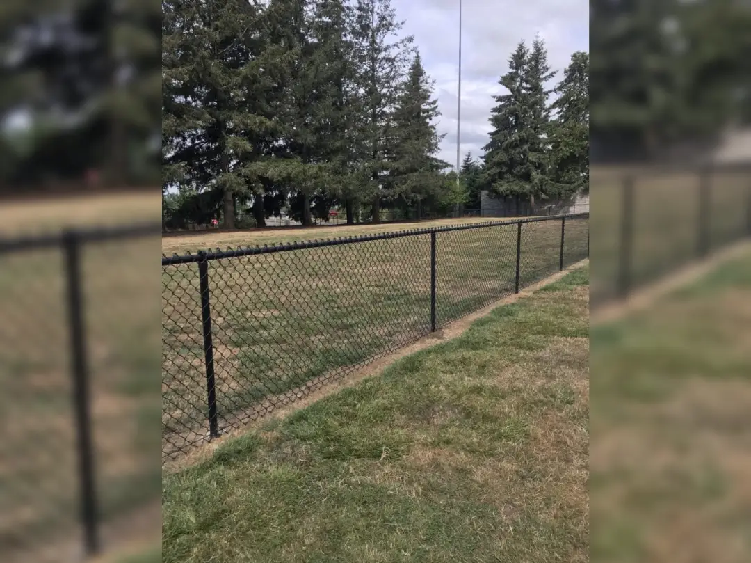 A fence that is in the grass near some trees.